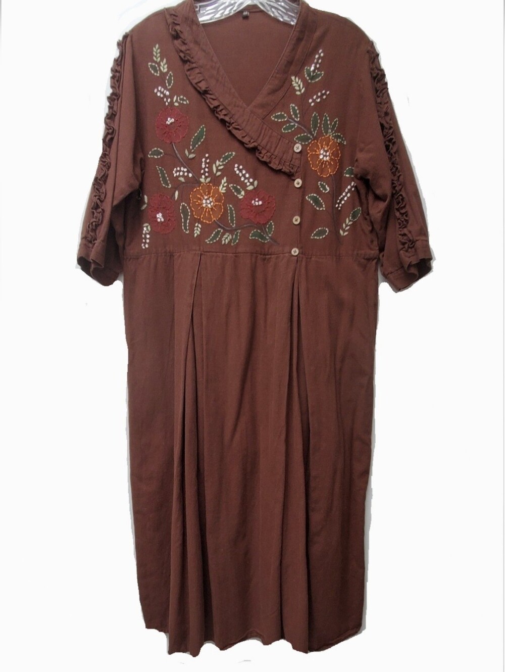Chocolate Brown Cottagecore Boho Lagenlook Floral Embroidered Dress Size 46 - XL